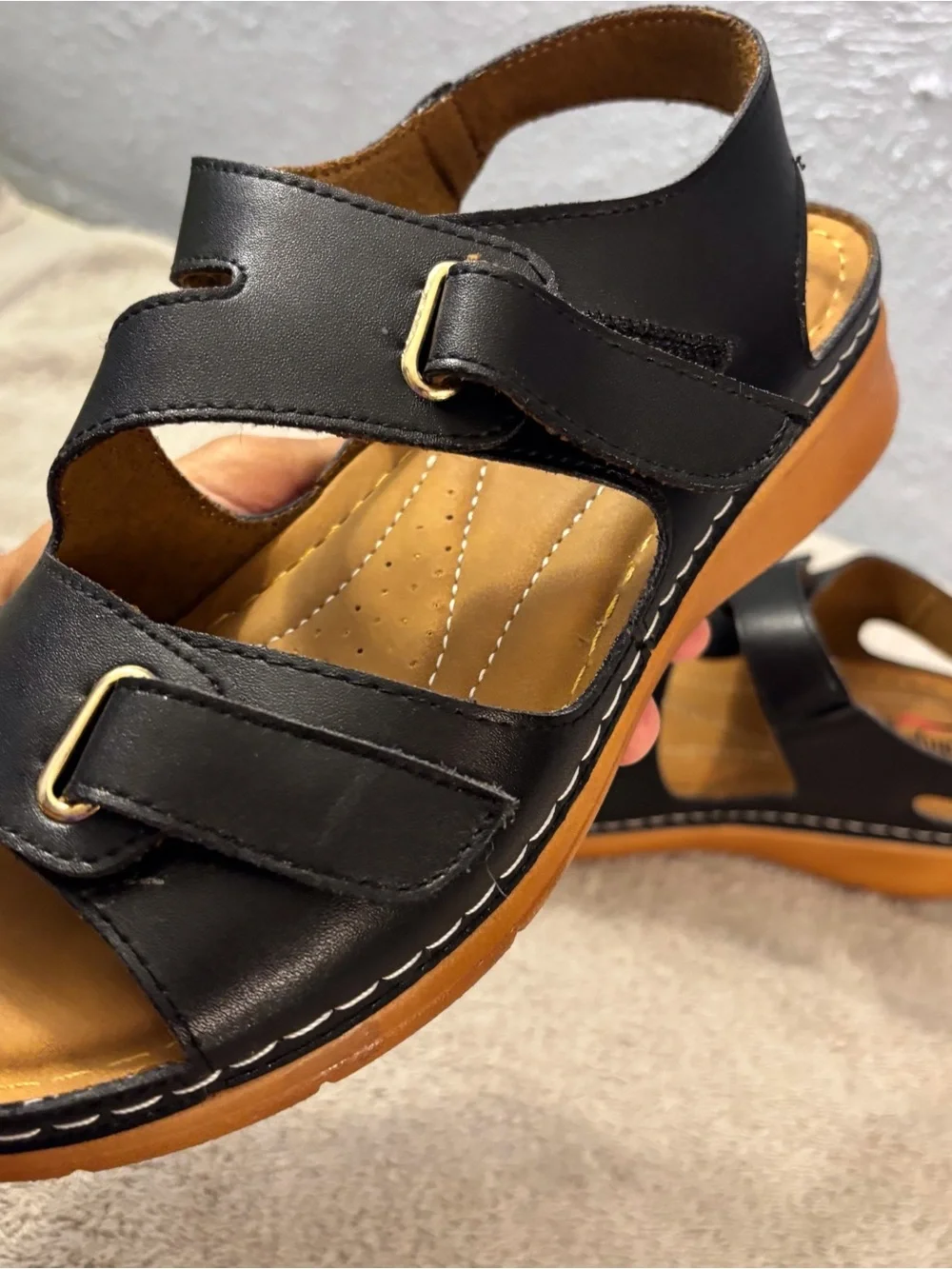 Sandals for Women - Black Leather-Style Strappy Sandal SZ 8 W Comfort Well